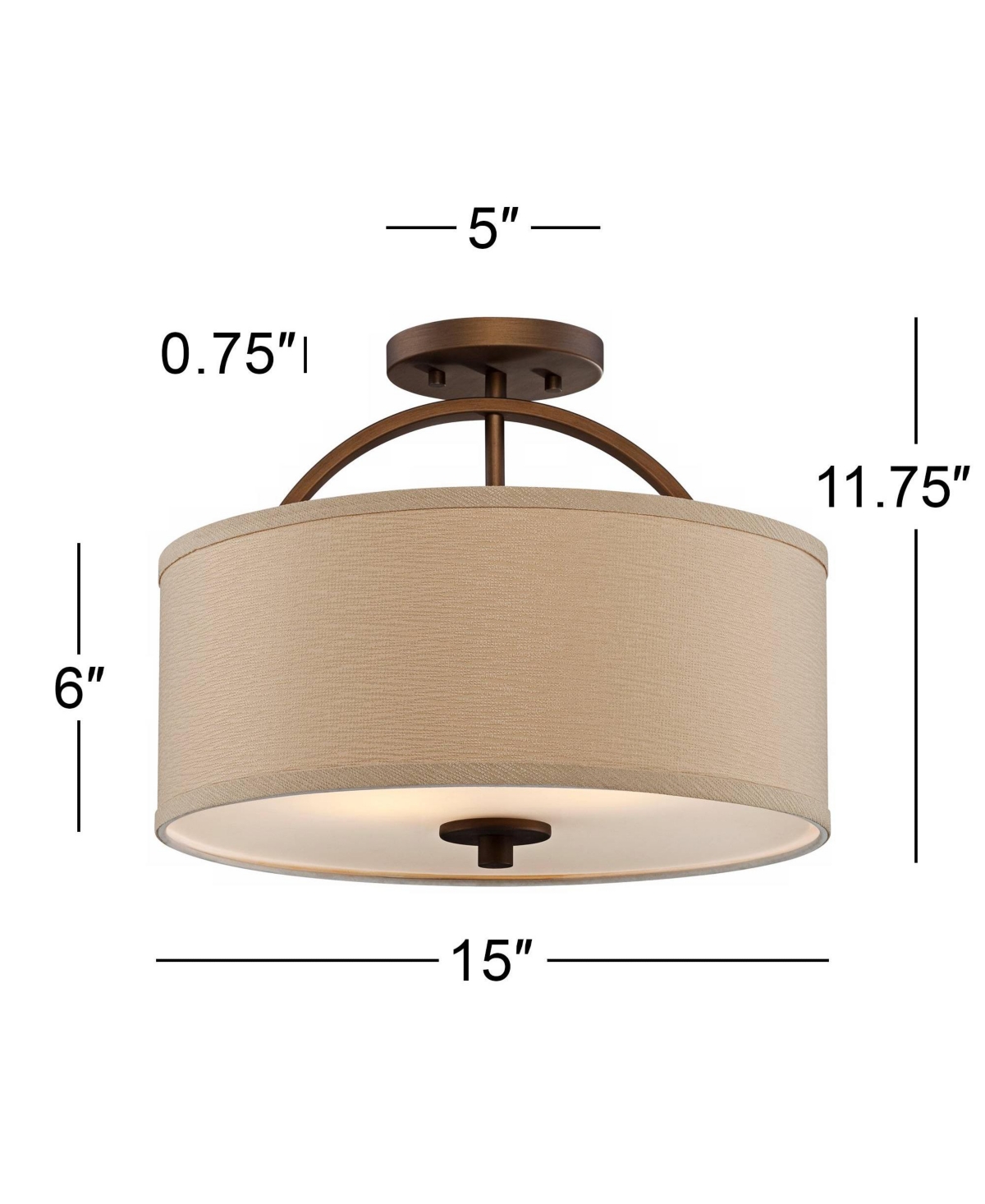 Possini Euro Design Halsted Mid Century Modern Ceiling Light Semi-Flush Mount Fixture Brushed Bronze Wide Oatmeal Linen Drum Shade for House Bedro