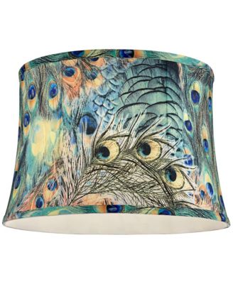 Peacock Print Medium Drum Lamp Shade 14" Top x 16" Bottom x 11" Slant (Spider) Replacement with Harp and Finial