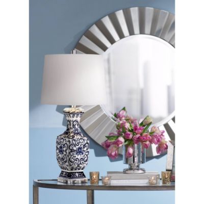 Iris Vintage like Asian Chinese Style Table Lamp 28" Tall Porcelain Blue Floral Jar Geneva White Drum Shade Decor for Living Room Bedroom House Bedside Nightstand Home Office Reading - Barnes and Ivy