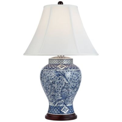 Shonna Traditional Table Lamp 27" Tall Blue White Garden Bird Bell Shade for Bedroom Living Room Bedside Nightstand Office Family House