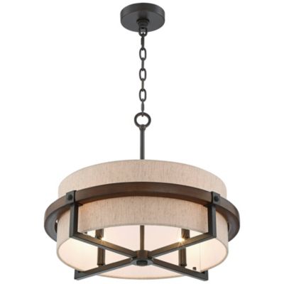 Castille Bronze Faux Wood Pendant Chandelier 22" Wide Farmhouse Rustic Tan Fabric Drum Shade 4-Light Fixture for Dining Room House Foyer Kitchen Island Entryway High Ceilings