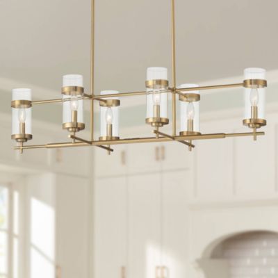 Mikel Soft Gold Linear Island Pendant Chandelier 42" Wide Modern Clear Glass Shade 6-Light Fixture for Dining Room House Kitchen