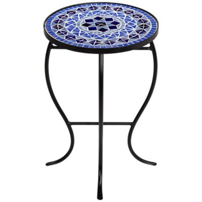 Modern Black Round Outdoor Accent Side Tables 14" Wide Set of 2 Light Blue Mosaic Tabletop Front Porch Patio Home House