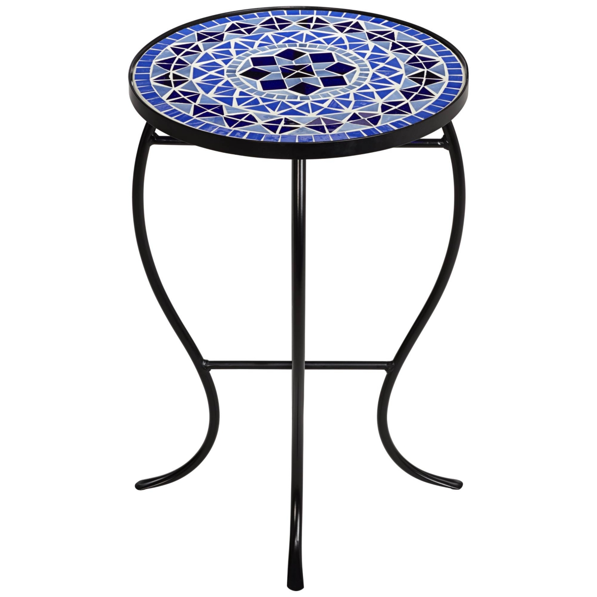 Teal Island Designs Modern Black Round Outdoor Accent Side Tables 14" Wide Set of 2 Light Blue Mosaic Tabletop Front Porch Patio Home House
