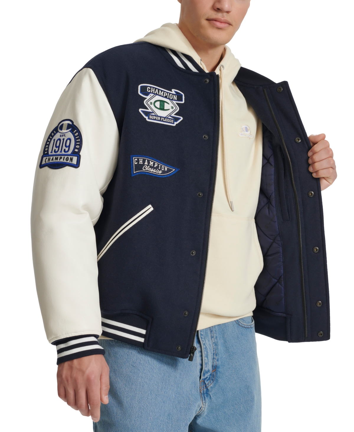 Champion Men's Logo-Patch Mixed-Media Varsity Jacket -White