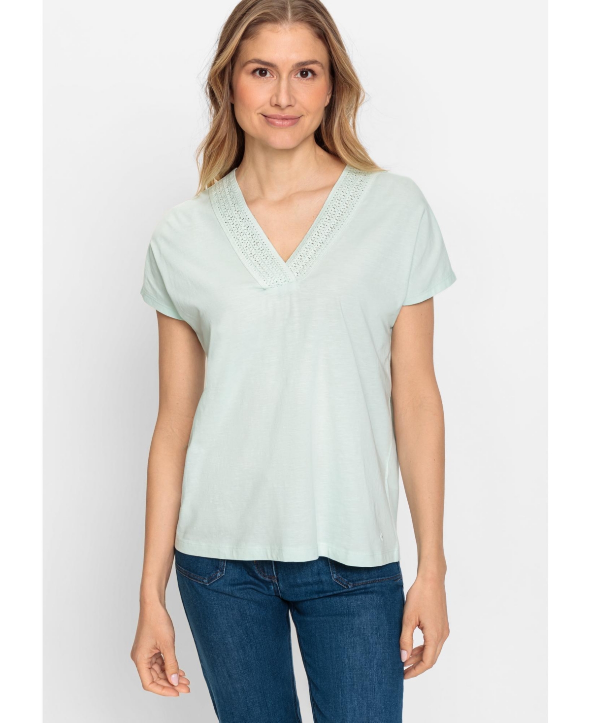 Olsen Women's 100% Cotton Short Sleeve T-Shirt with Embroidered Neckline