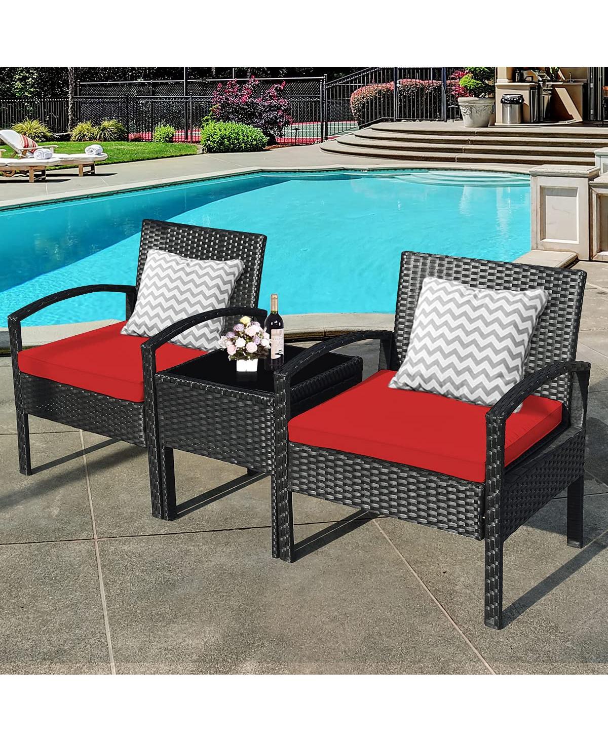 Sugift 3 Pieces Outdoor Rattan Patio Conversation Set with Seat Cushions