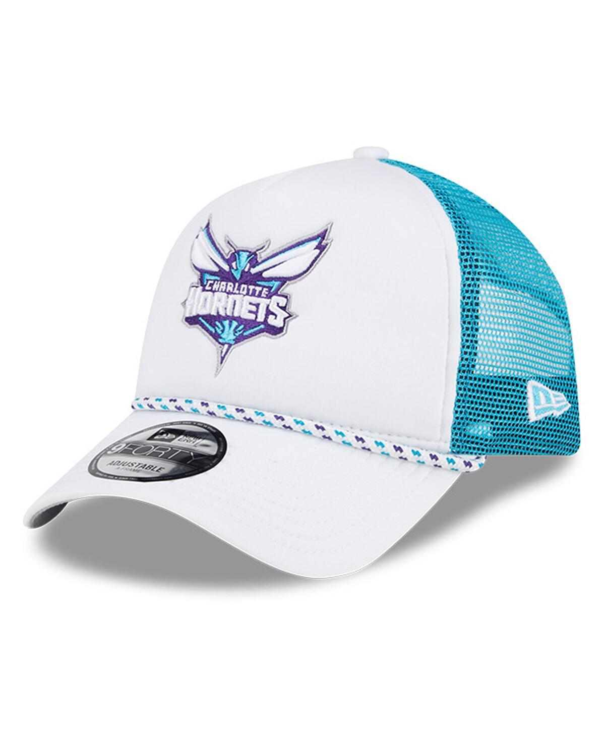 NEW ERA MEN'S WHITE/TEAL CHARLOTTE HORNETS COURT SPORT FOAM A-FRAME 9FORTY ADJUSTABLE TRUCKER HAT 