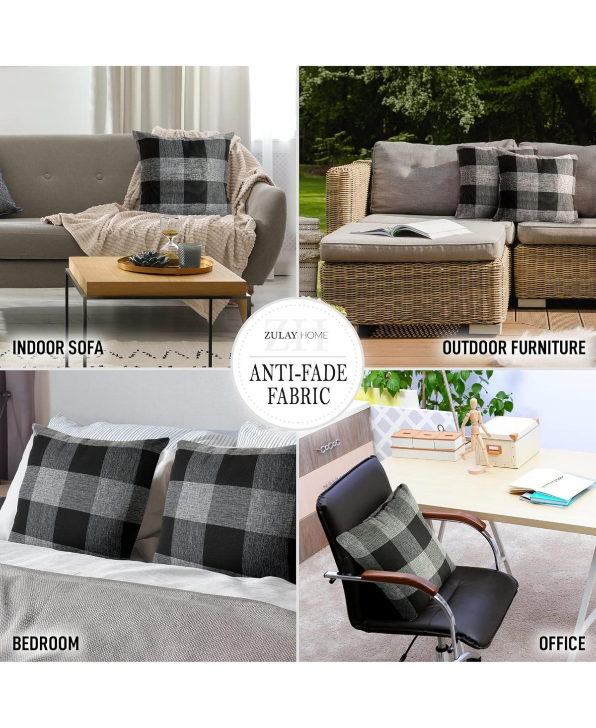 Zulay Kitchen Pack of 2 Buffalo Plaid Throw Pillow Covers - Farmhouse Porch Pillows Outdoor & Indoor Covers 18x18 - Gray  black