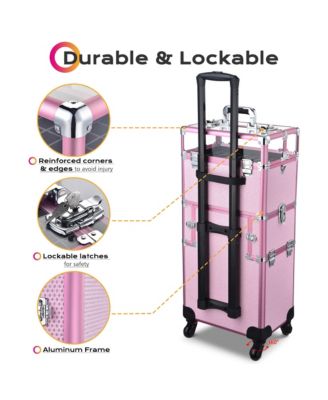 Folding Manicure Nail Table 2in1 Rolling Makeup Train Case Kit Manicure Cosmetic Trolley Travel Organizer Nail Case, Pink