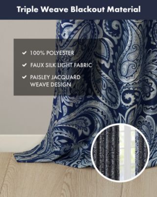 Aubrey Jacquard Room Darkening Curtains, Faux Silk Paisley for Bedroom and Living Room, 84 inch length 2 panels set, Width 50 length 84 inches, Navy Window Panel