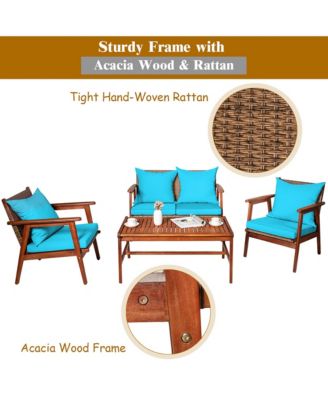 8PCS Patio Rattan Furniture Set Acacia Wood Frame Cushioned Sofa Chair Turquoise