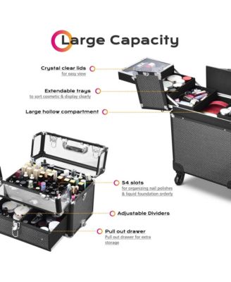 Folding Manicure Nail Table 2in1 Rolling Makeup Train Case Kit Manicure Cosmetic Trolley Travel Organizer Nail Case, Black