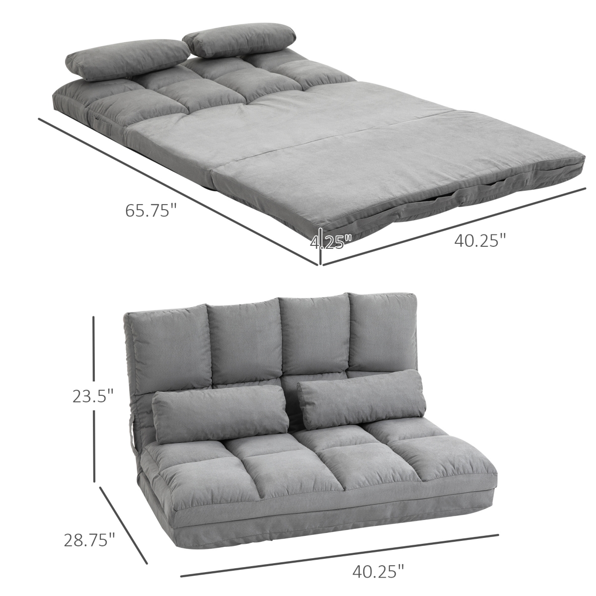 Homcom Convertible Floor Sofa Chair, Folding Couch Bed, Guest Chaise Lounge with 2 Pillows, Adjustable Backrest and Headrest