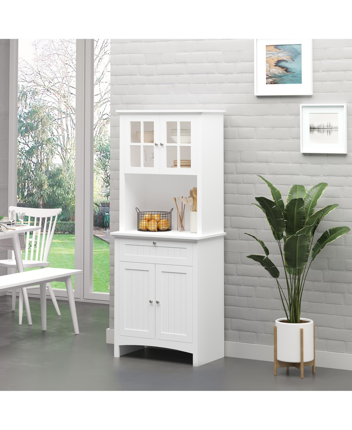 Homcom Elegant Buffet with Hutch, Kitchen Pantry Storage Cabinet with Framed Glass Door Drawer and Microwave Space,- White