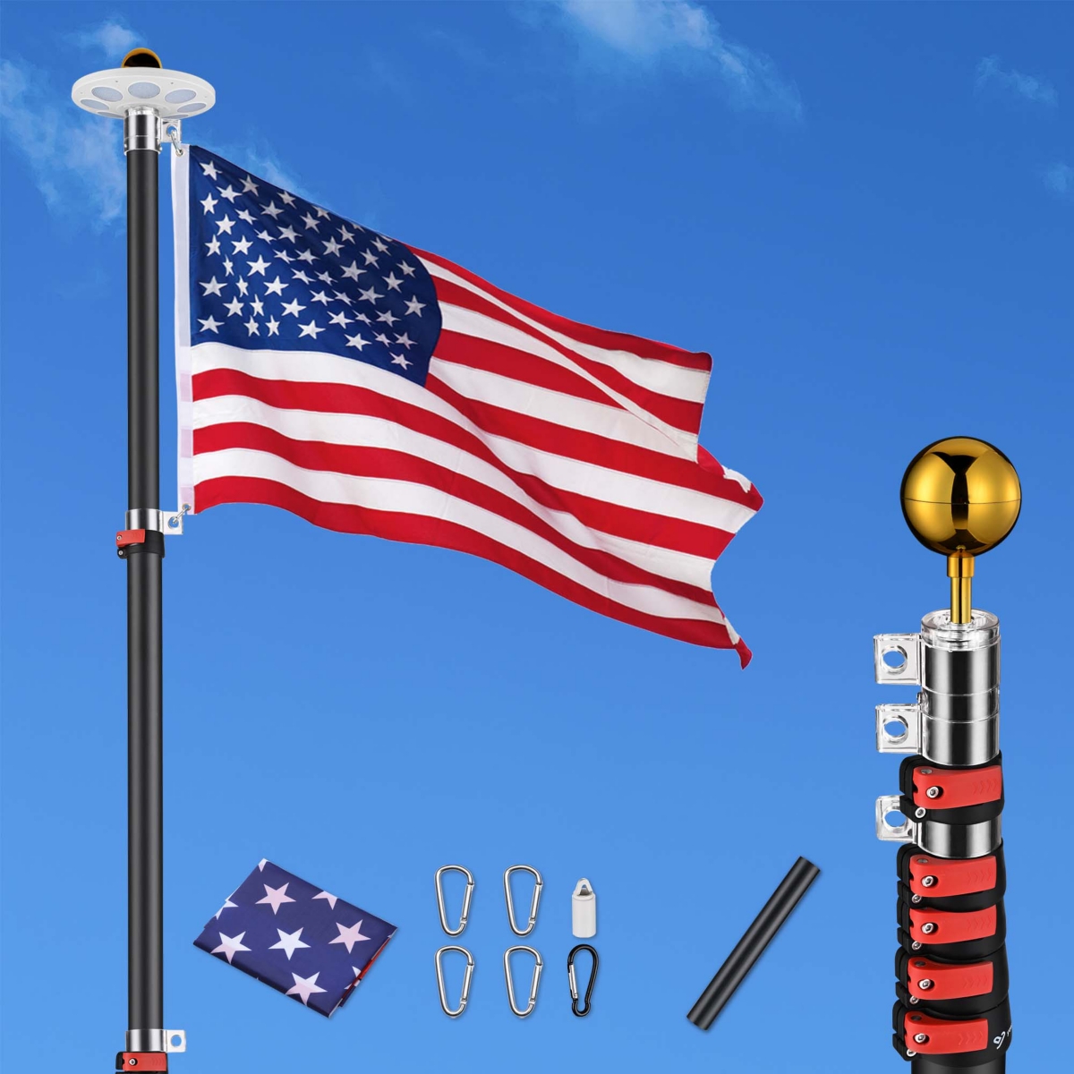 Ez Go 20 Ft Telescopic Aluminum Flag Pole Kit with 136 Led Solar Light Us Flag Garden - Natrual