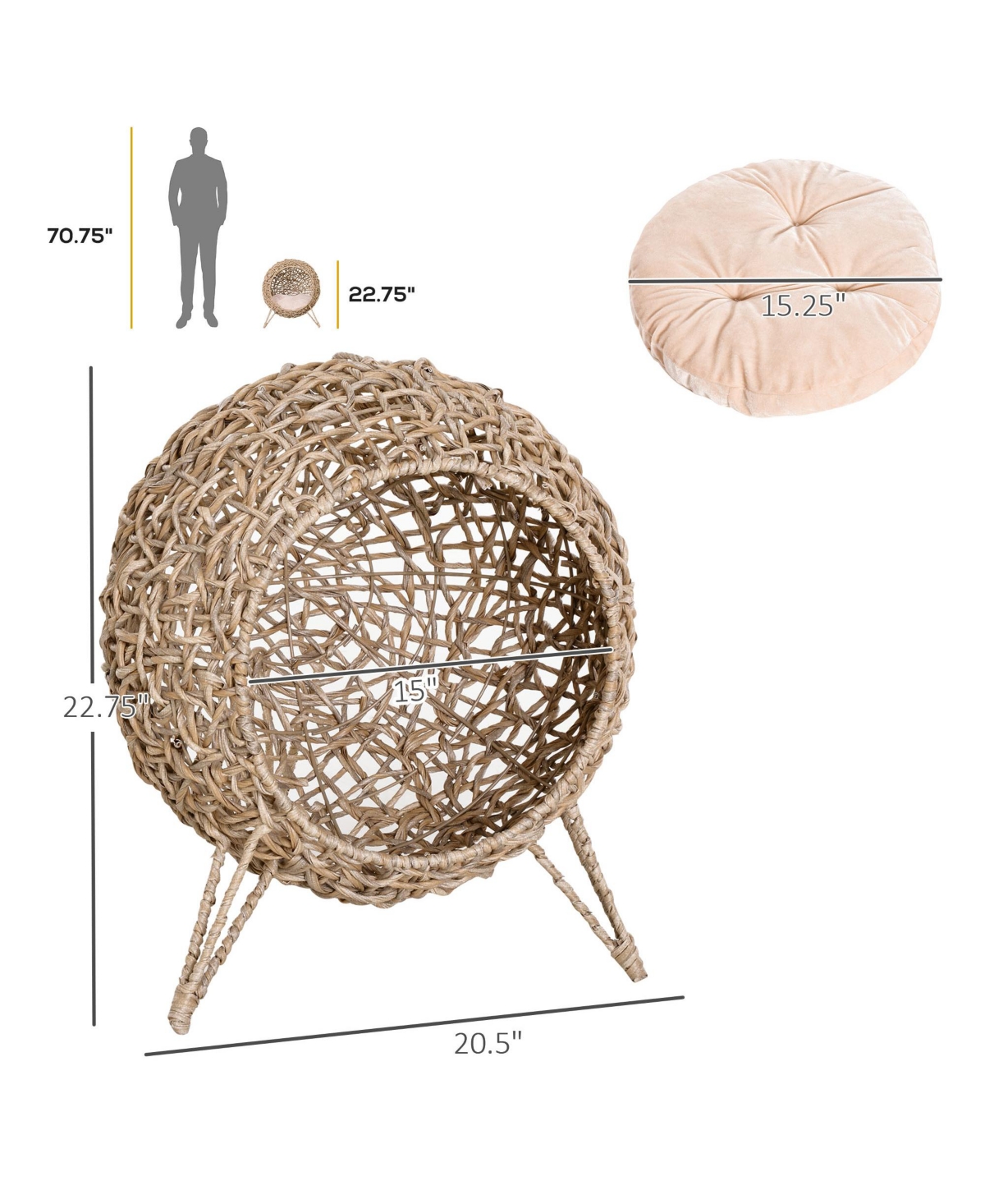 PawHut Rattan Cat Bed, Elevated Wicker Kitten House Round Condo with Cushion,- Natural