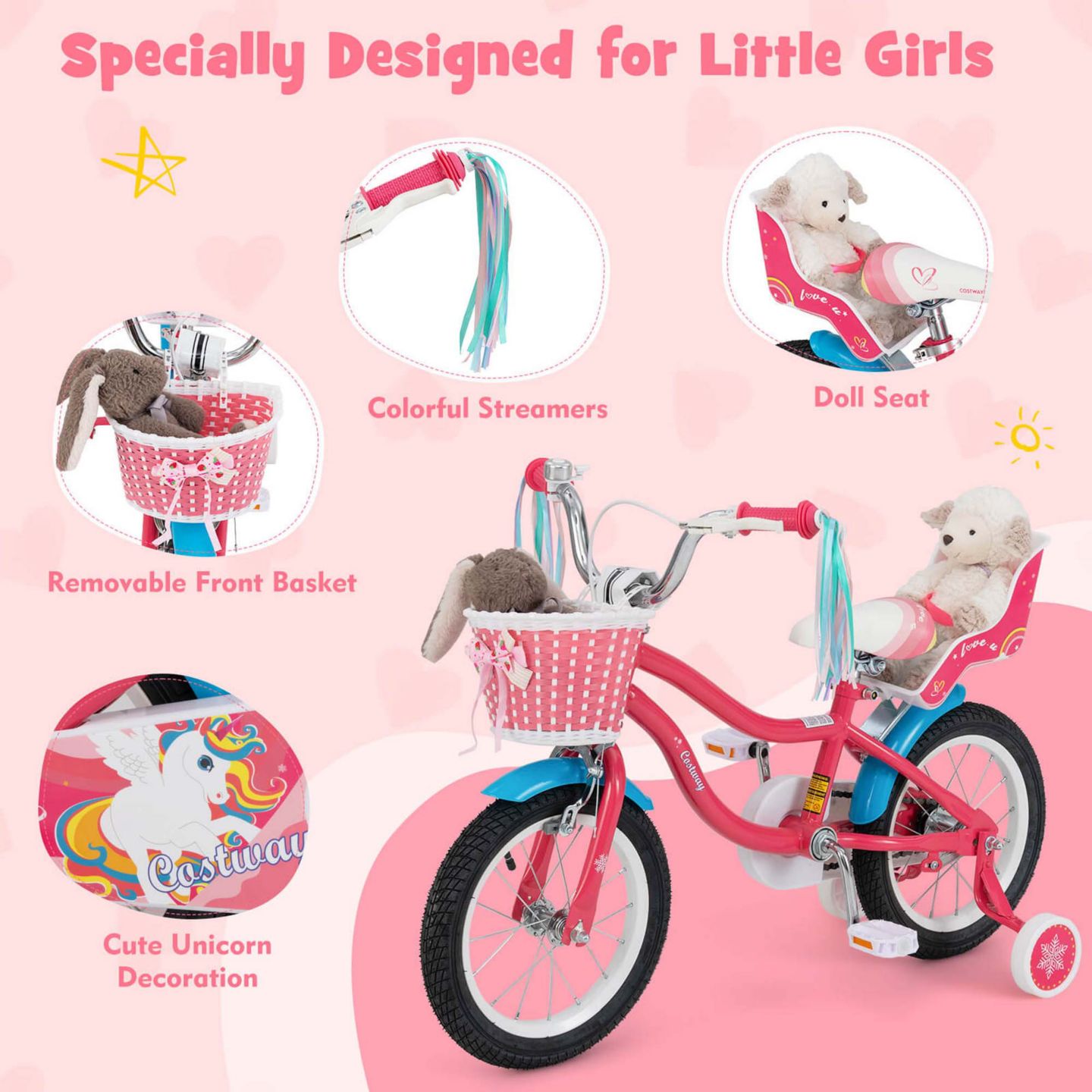Детская игрушка Costway Brighter Youth I 18" Kids Bicycle with Training Wheels, 145-lb Capacity, Ages 4-8, цвет: Розовый — фото 7