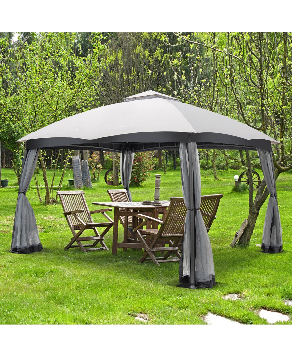 Slickblue 10 x 12 Feet Patio Double-Vent Canopy with Privacy Netting and 4 Sandbags-Grey