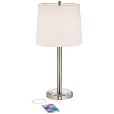 Camile Modern Table Lamps 25" High Set of 2 Brushed Nickel with USB Charging Port Off White Drum Shade for Living Room Office House Desk