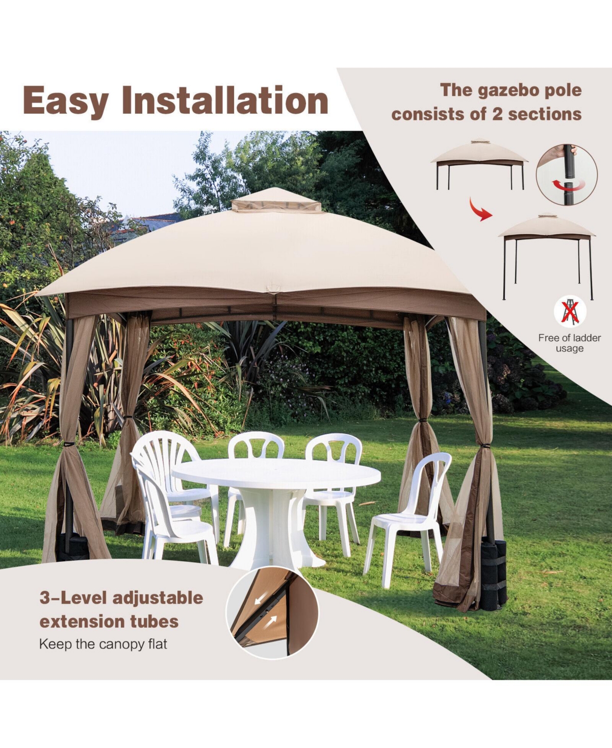 Slickblue 10 X 10 Feet Patio Double-Vent Gazebo with Privacy Netting and 4 Sandbags-Khaki
