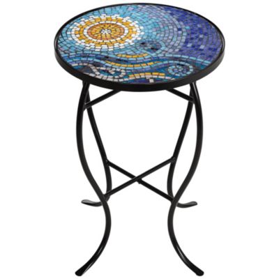 Ocean Modern Black Metal Round Outdoor Accent Side Table 14" Wide Blue Mosaic Tile Tabletop Gracefully Curved Legs Front Porch Patio Home House Balcony Deck Shed Yard