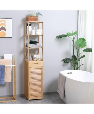 Bamboo Tall Slim Bathroom Cabinet with Drawer and Slatted Shelves