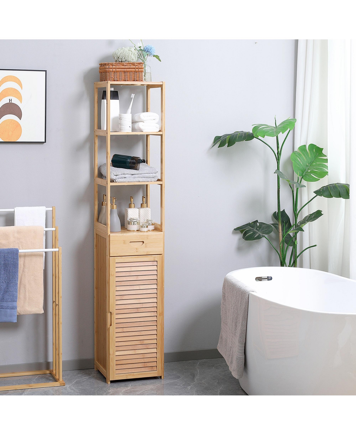 Kleankin Tall Bathroom Cabinet with Drawer and Slatted Shelves, Tall Slim Bamboo Linen Tower Freestanding Linen Towel with Louvered Door, Natural