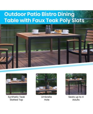 Faux Teak Outdoor Dining Table With Powder Coated Steel Frame And Umbrella Hole
