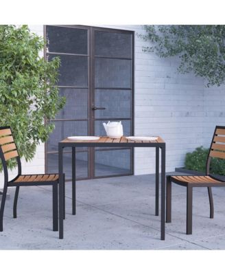 Faux Teak Outdoor Dining Table With Powder Coated Steel Frame And Umbrella Hole