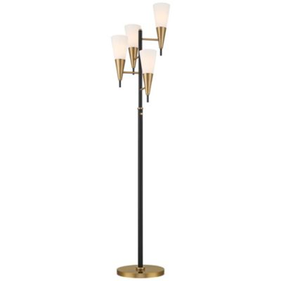Quatro Mid Century Modern Tree Floor Lamp 71" Tall Black Gold Metal 4 Light Frosted Glass Cone Shade for Living Room Bedroom House