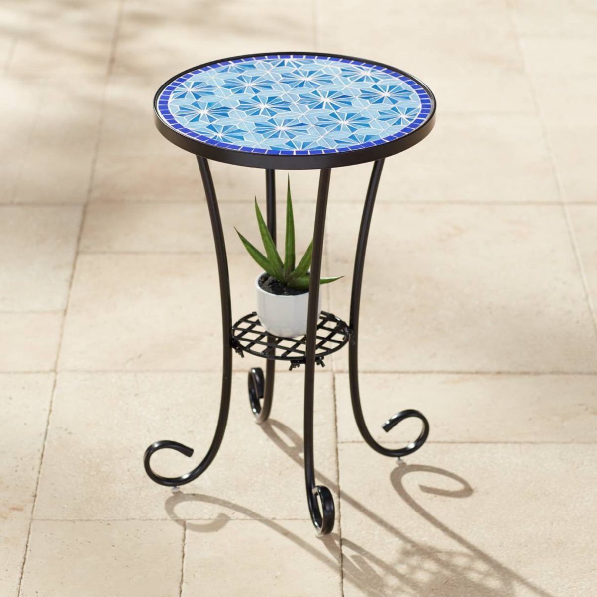 Teal Island Designs Blue Star Modern Black Metal Round Outdoor Accent Side Table 14" Wide with Lower Shelf Mosaic Tabletop Gracefully Curved Legs for