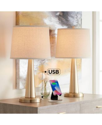 Modern Table Lamps 25" High Set of 2 with USB Charging Port Brass Metal Beige Drum Shade for Bedroom Living Room House Desk Bedside Home