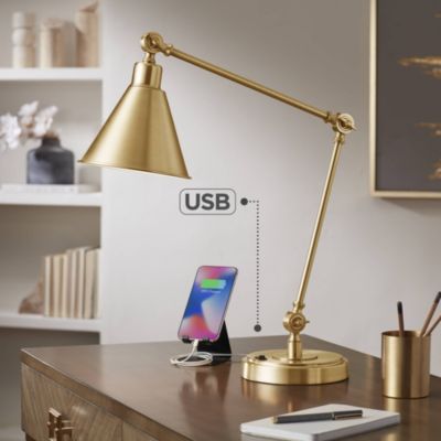 Wray Modern Desk Lamp 26 3/4" High with USB Charging Port Warm Brass Gold Metal Adjustable Arm Head for Bedroom Living Room House Bedside Nightstand Home Office Reading Family - 360 Lighting