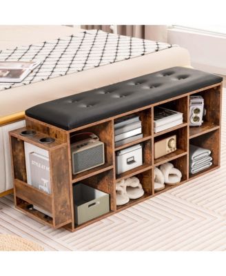 Wooden Shoe Bench 10-Cube Storage Organizer with Padded Cushion &amp; Umbrella Holder