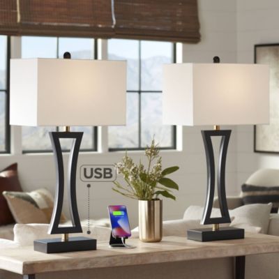 Roxie Modern Table Lamps 31" Tall Set of 2 Black Metal with USB Charging Port White Rectangular Shade for Bedroom Living Room Bedside