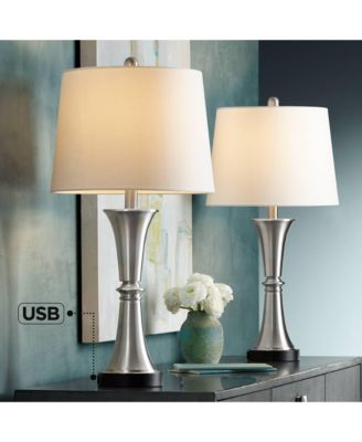 Seymore Modern Table Lamps 26" Tall Set of 2 with USB Charging Port Silver LED Touch On Off White Drum Shade for Bedroom Living Room House Home Desk Bedside Nightstand Office - 360 Lighting