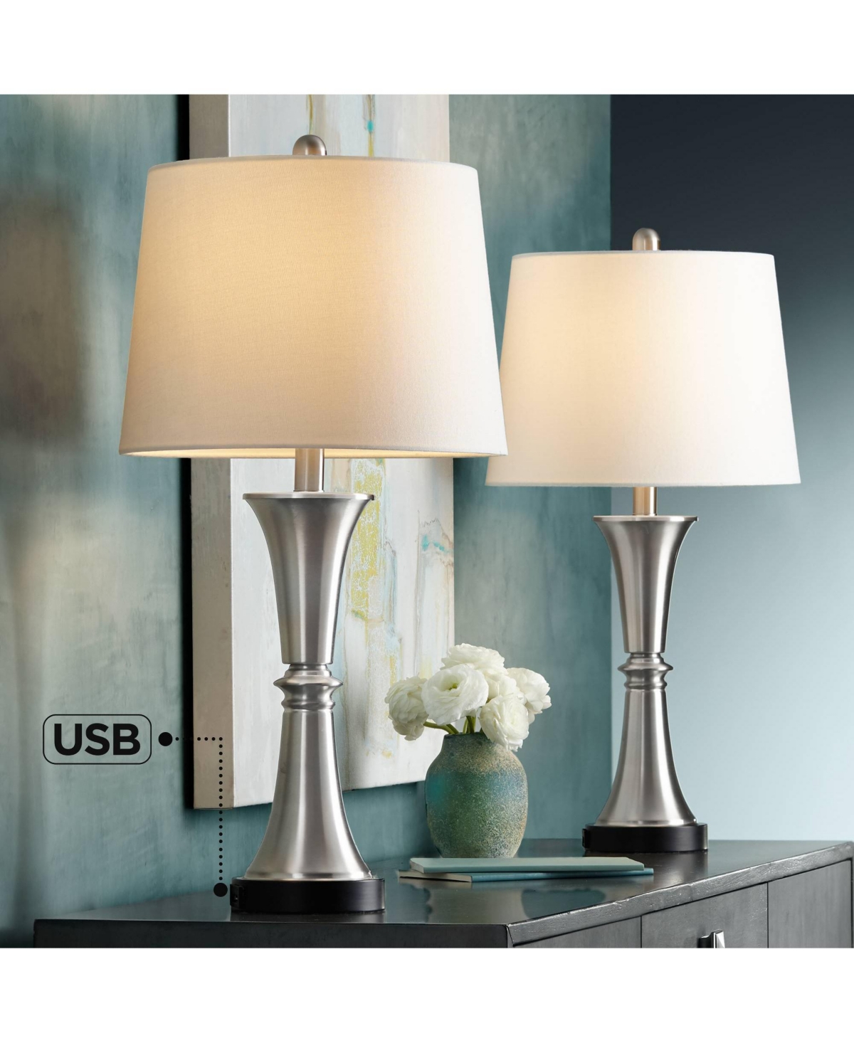 Seymore Modern Table Lamps 26" Tall Set of 2 with Usb Charging Port Silver Led Touch On Off White Drum Shade for Bedroom Living Room House Home D