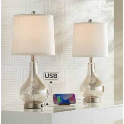 Ledger Modern Accent Table Lamps 21 3/4" High Set of 2 Mercury Glass with USB Charging Port Table Top Dimmers Off-White Shade for Desk