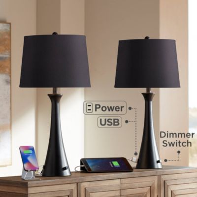Karl Modern Table Lamps 28 1/4" Tall Set of 2 Black Metal with USB and AC Power Outlet in Base Faux Silk Shade for Bedroom House Home