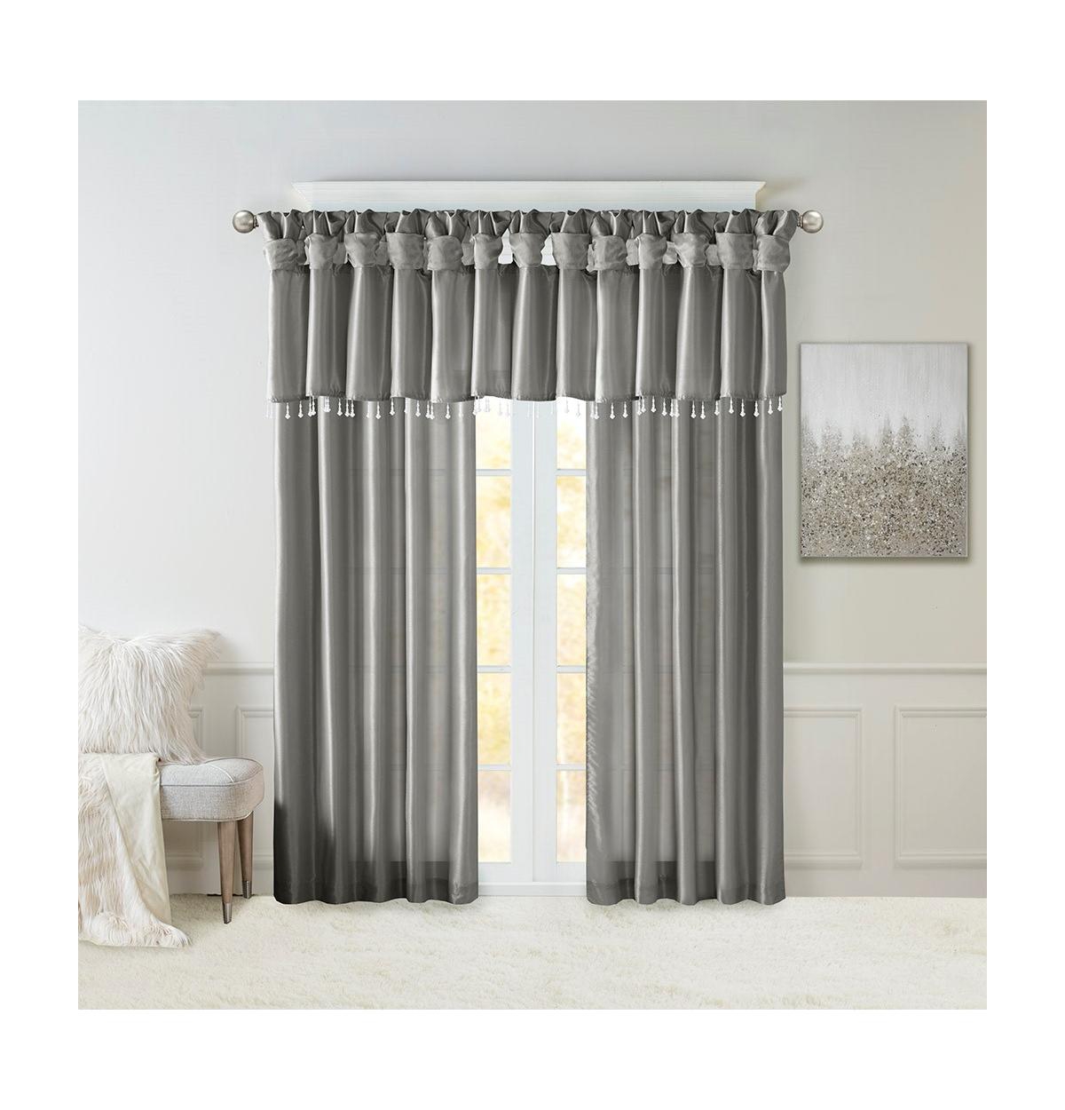 Madison Park Emilia Lightweight Faux Silk Valance With Beads, 26 inch valances for windows, Width 50 length 26 inches, Pewter curtain with valance - C