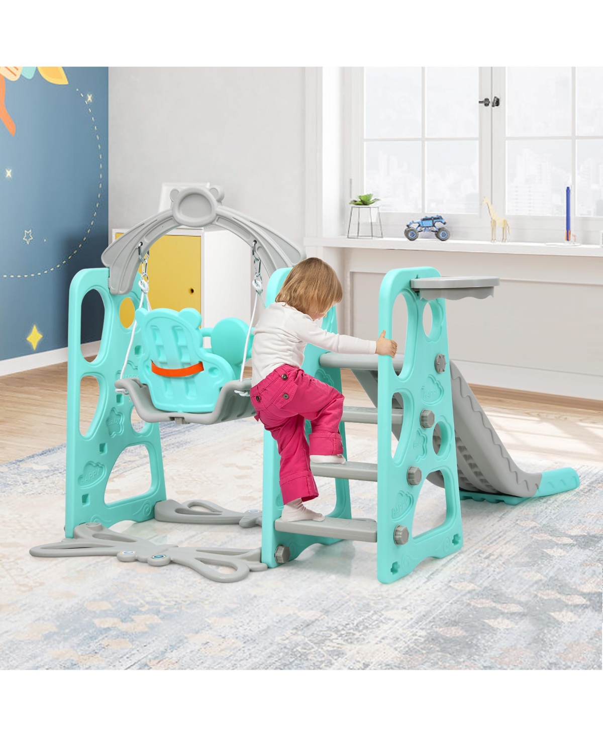 Costway 4-in-1 Toddler Climber and Swing Set w/ Basketball Hoop & Ball Pink