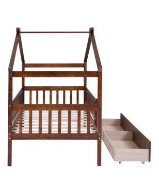 Twin Size Wooden House Bed With Two Drawers, Walnut