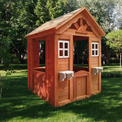 All Wooden Kids Playhouse With 2 Windows And Flower Pot Holder, 42"L x 46"W x 55" H