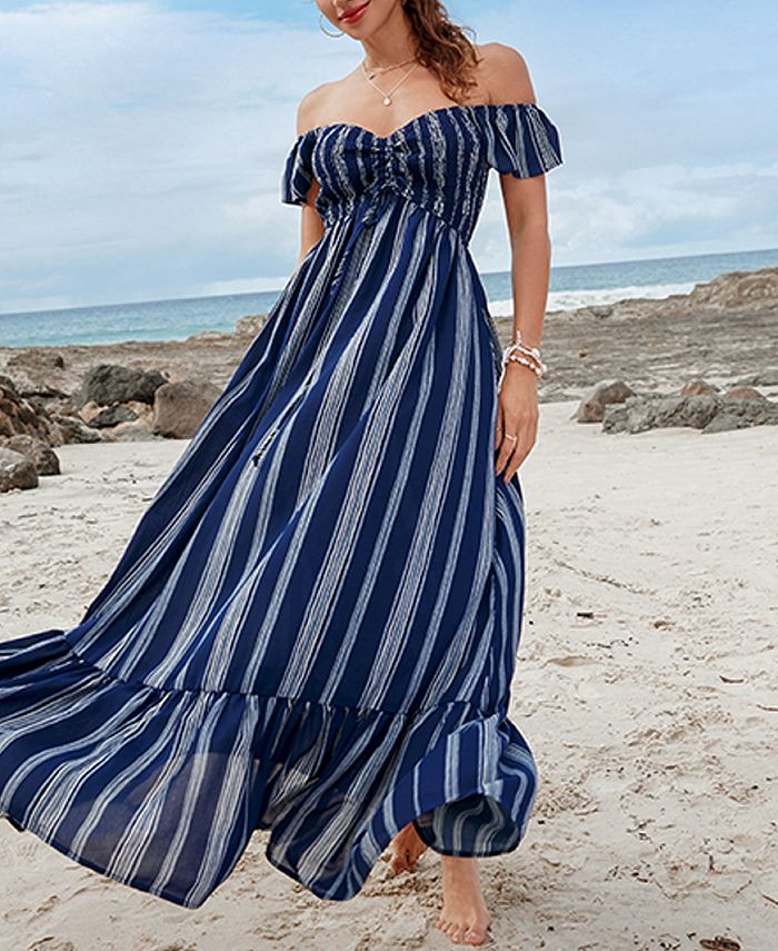 CUPSHE Women's Striped Off-Shoulder Ruffled Maxi Beach Dress - Macy's