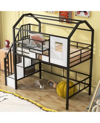 Metal Loft Bed With Roof Design And A Storage Box, Twin