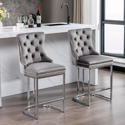 Streamdale Modern Gray Velvet Bar Stools Set Of 2