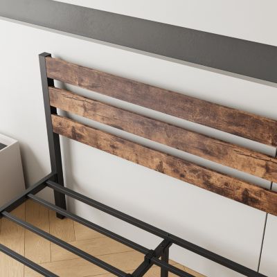Queen Size Platform Bed Frame With Rustic Vintage Wood Headboard, Strong Metal Slats Support
