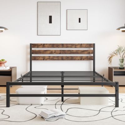 Queen Size Platform Bed Frame With Rustic Vintage Wood Headboard, Strong Metal Slats Support