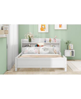 Wood Full Size Platform Bed With Built-In LED Light, Storage Headboard And Guardrail, White